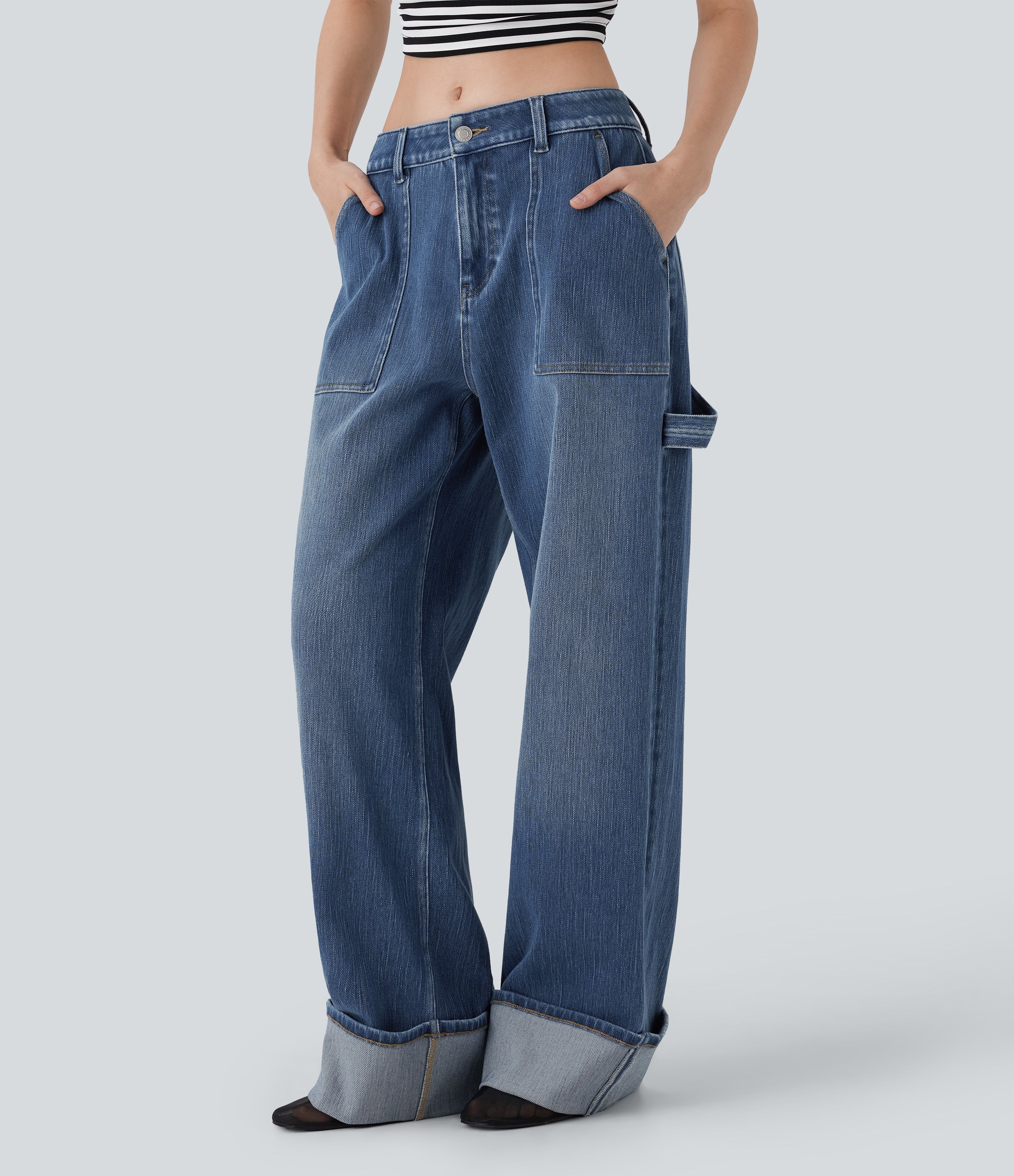 FlexTM Low Rise Rolled Hem Washed Casual Baggy Jeans with Pockets