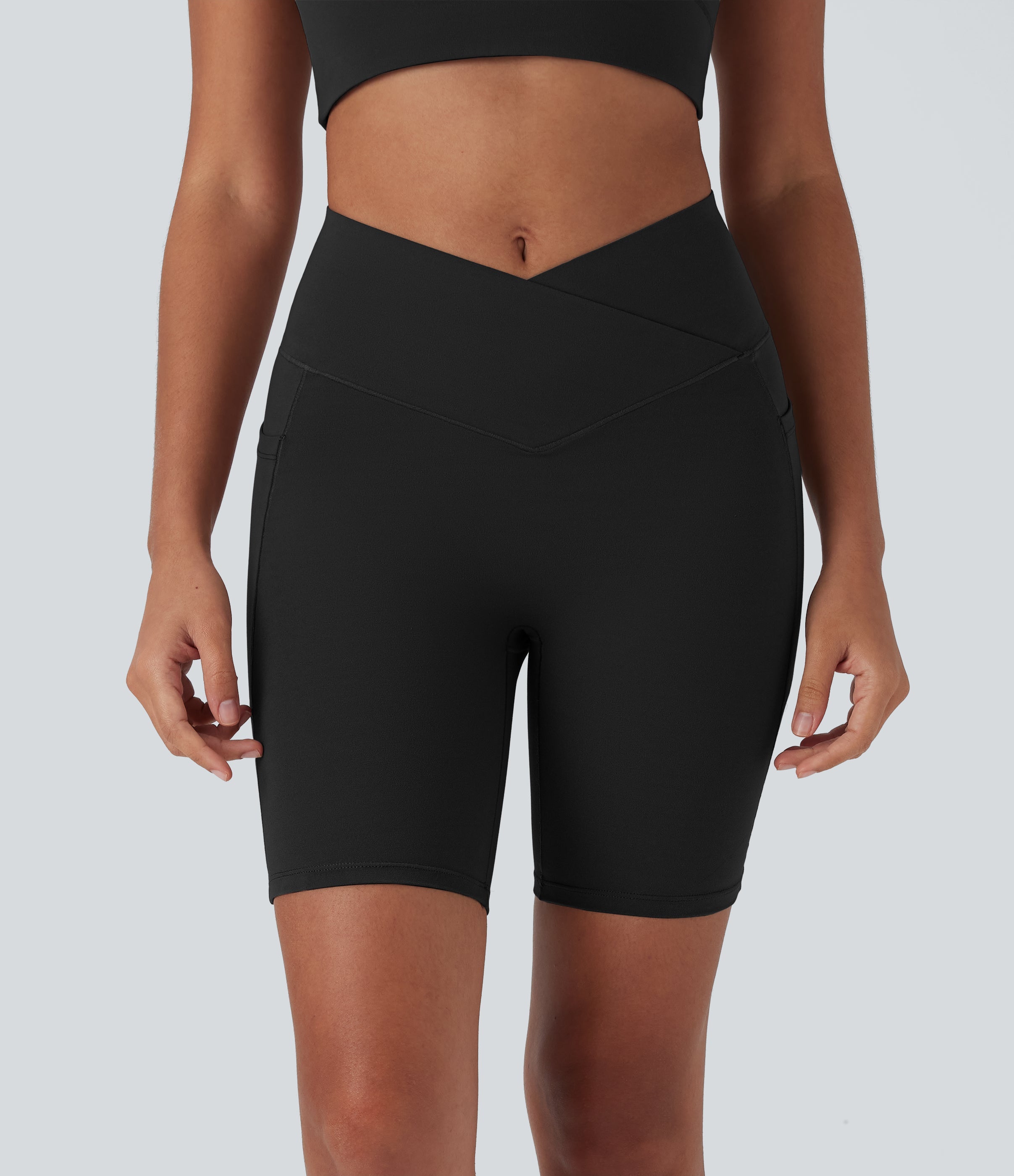 UltraSculptTM High Waisted Crossover Tummy Control Butt Lifting Yoga Biker Shorts 7'' with Pockets