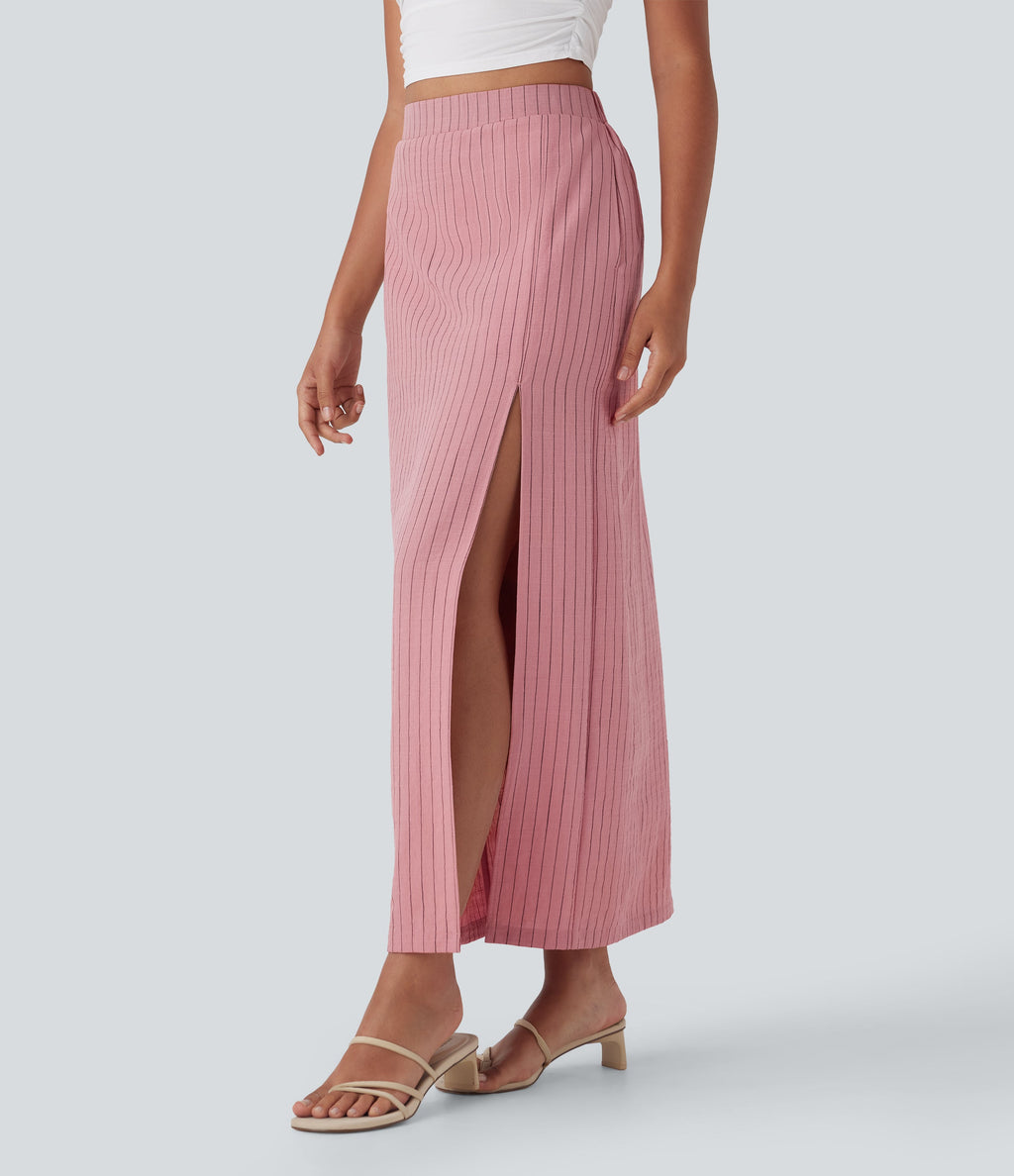 High Waisted Stripe Maxi Linen-Feel Skirt with Pockets
