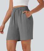 High Waisted Drawstring Casual Linen-Feel Shorts with Pockets