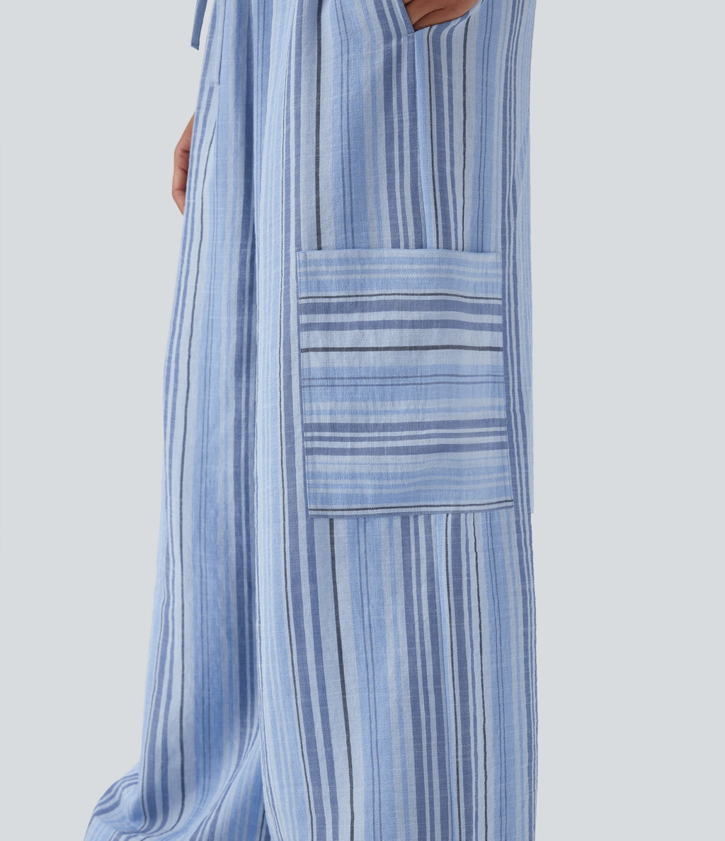 Low Rise Drawstring Wide Leg Stripe Casual Linen-Feel Pants with Pockets