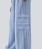 Low Rise Drawstring Wide Leg Stripe Casual Linen-Feel Pants with Pockets