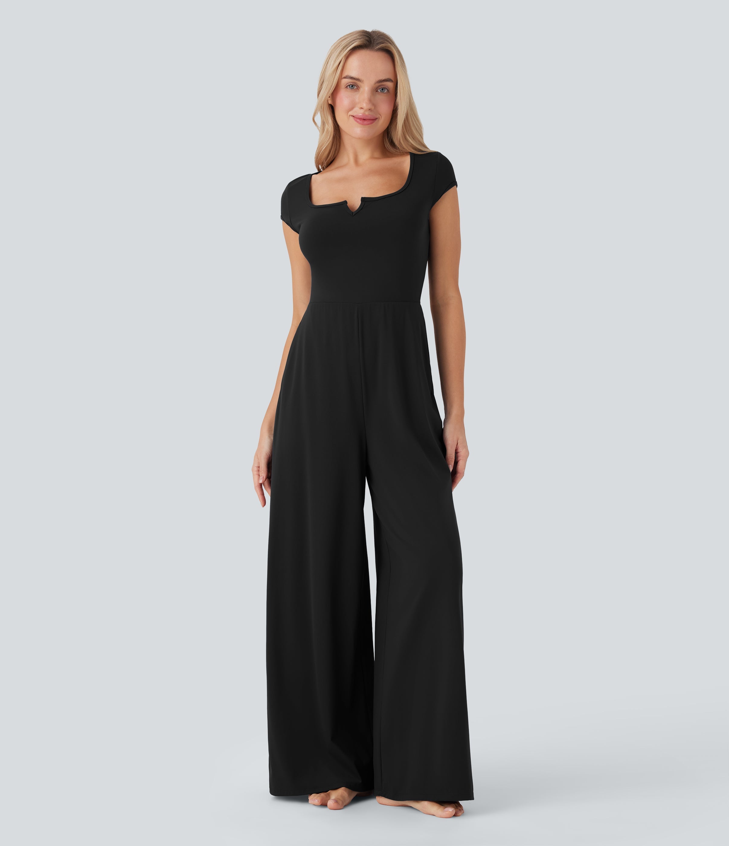 SoftlyZeroTM Airy Short Sleeve Wide Leg Cool Touch Yoga Jumpsuit with Pockets-Easy Peezy Edition