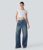 FlexTM Low Rise Wide Leg Washed Casual Jeans with Pockets