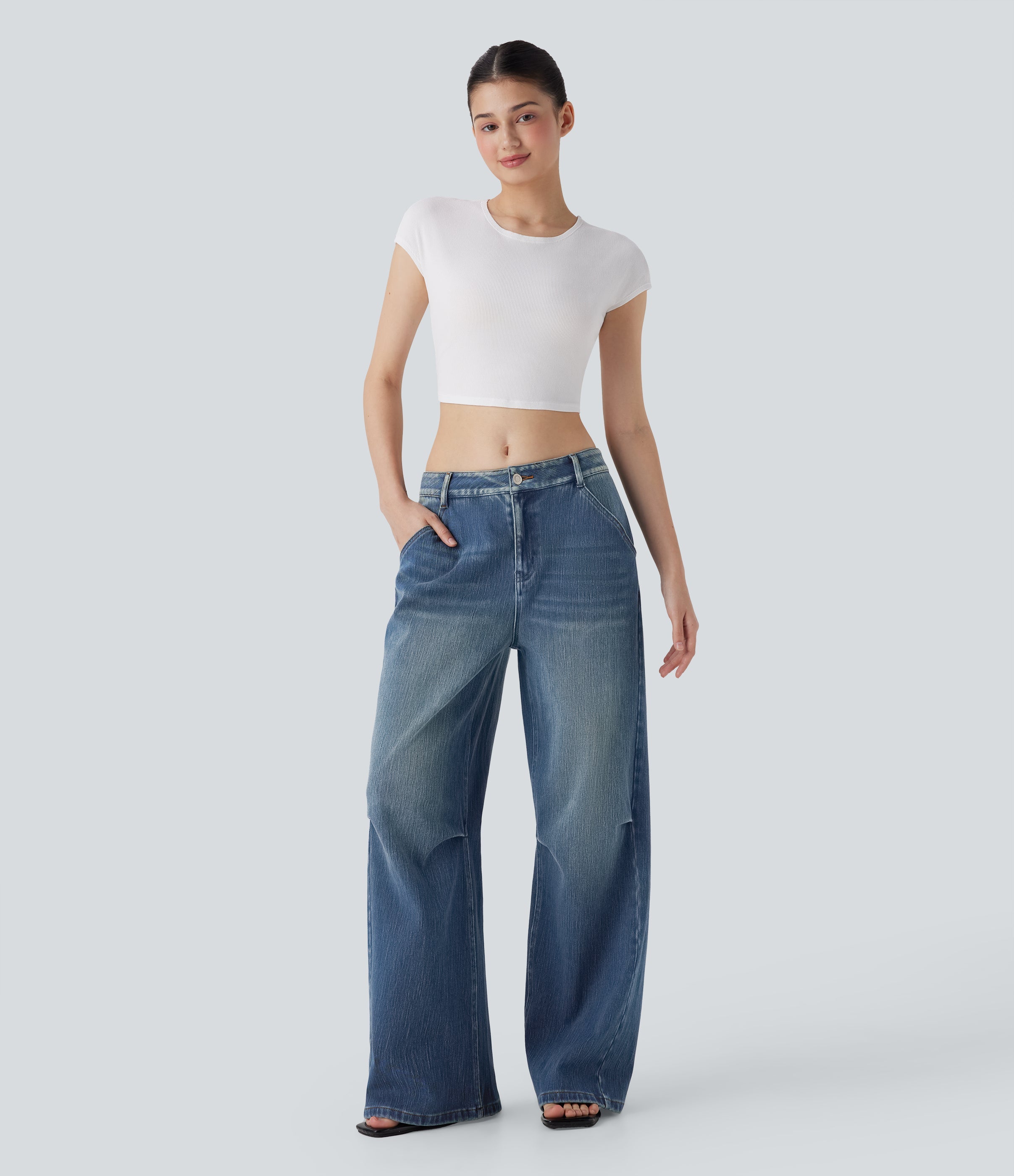 FlexTM Low Rise Wide Leg Washed Casual Jeans with Pockets
