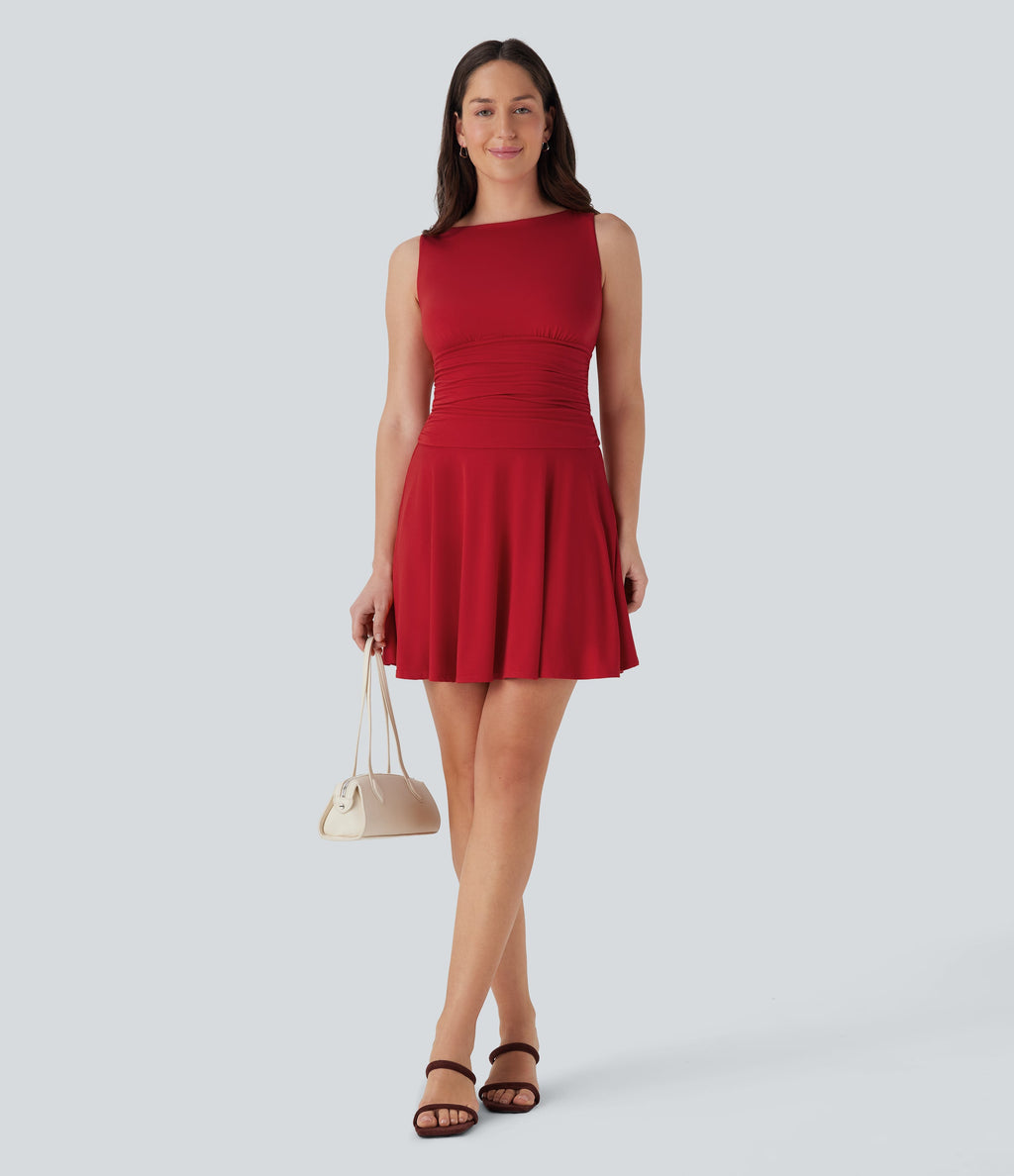 Boat Neck Sleeveless Ruched Flowy Mini Casual Dress