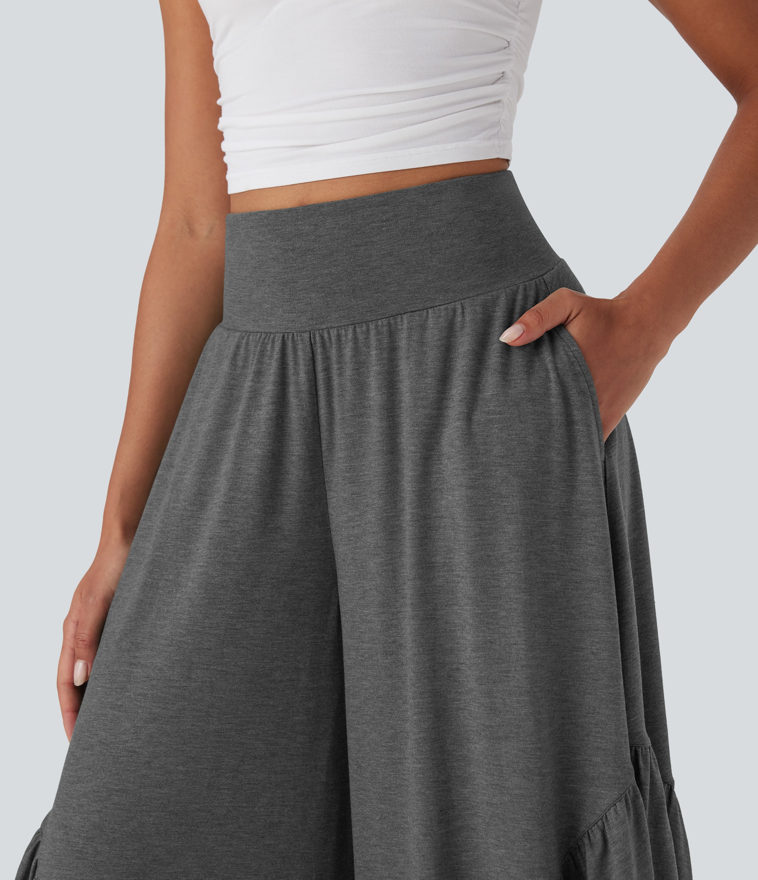 High Waisted Ruffle Hem Casual Pants with Pockets