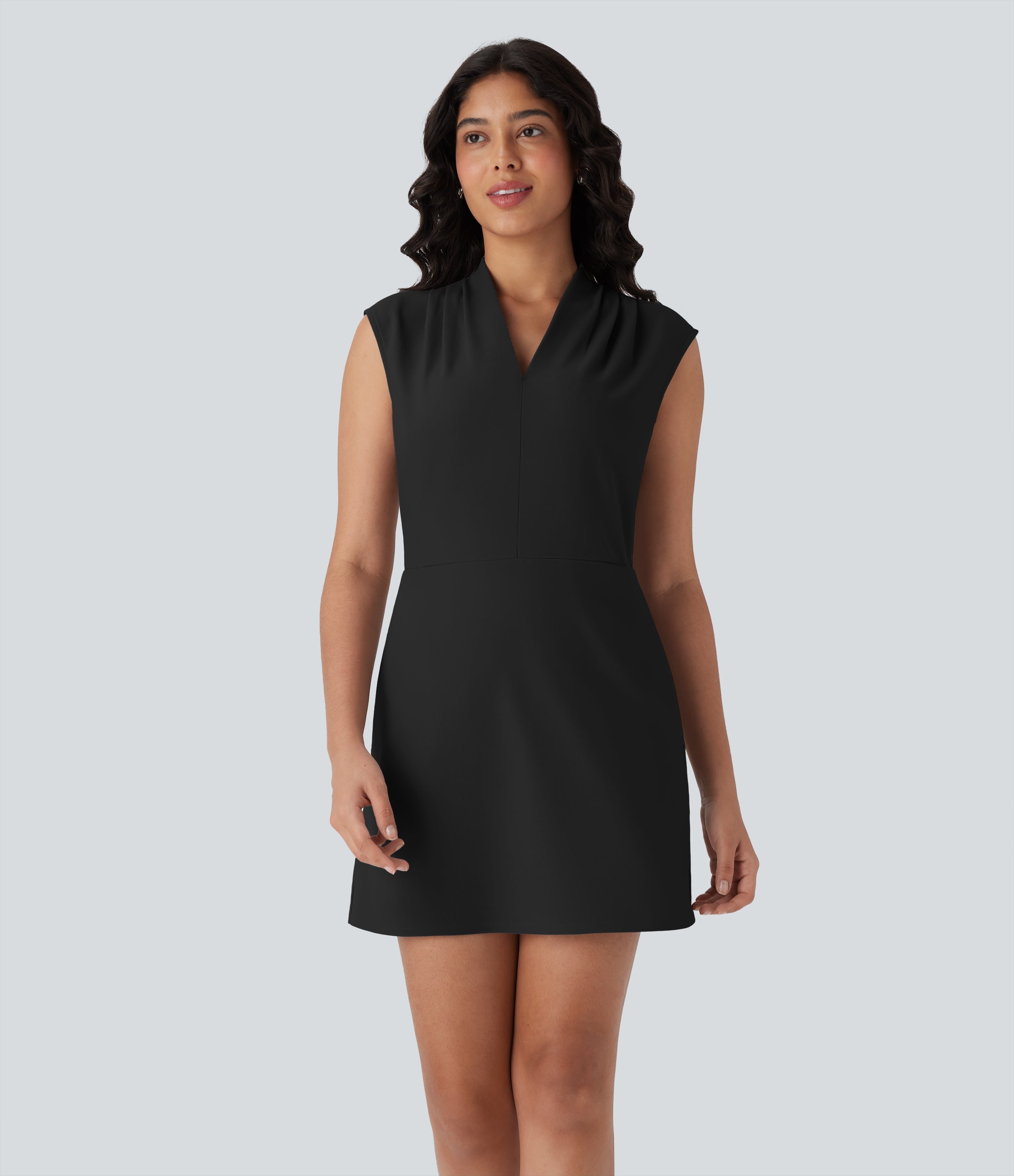 FlexTM V Neck Pleated Sleeveless Mini Micro Waffle Work Dress with Pockets