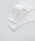 Crossover V-Neck Batwing-Sleeve Snap Satin Work Bodysuit