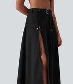 Mid Rise Belted Zipper Maxi Casual Skirt with Pockets