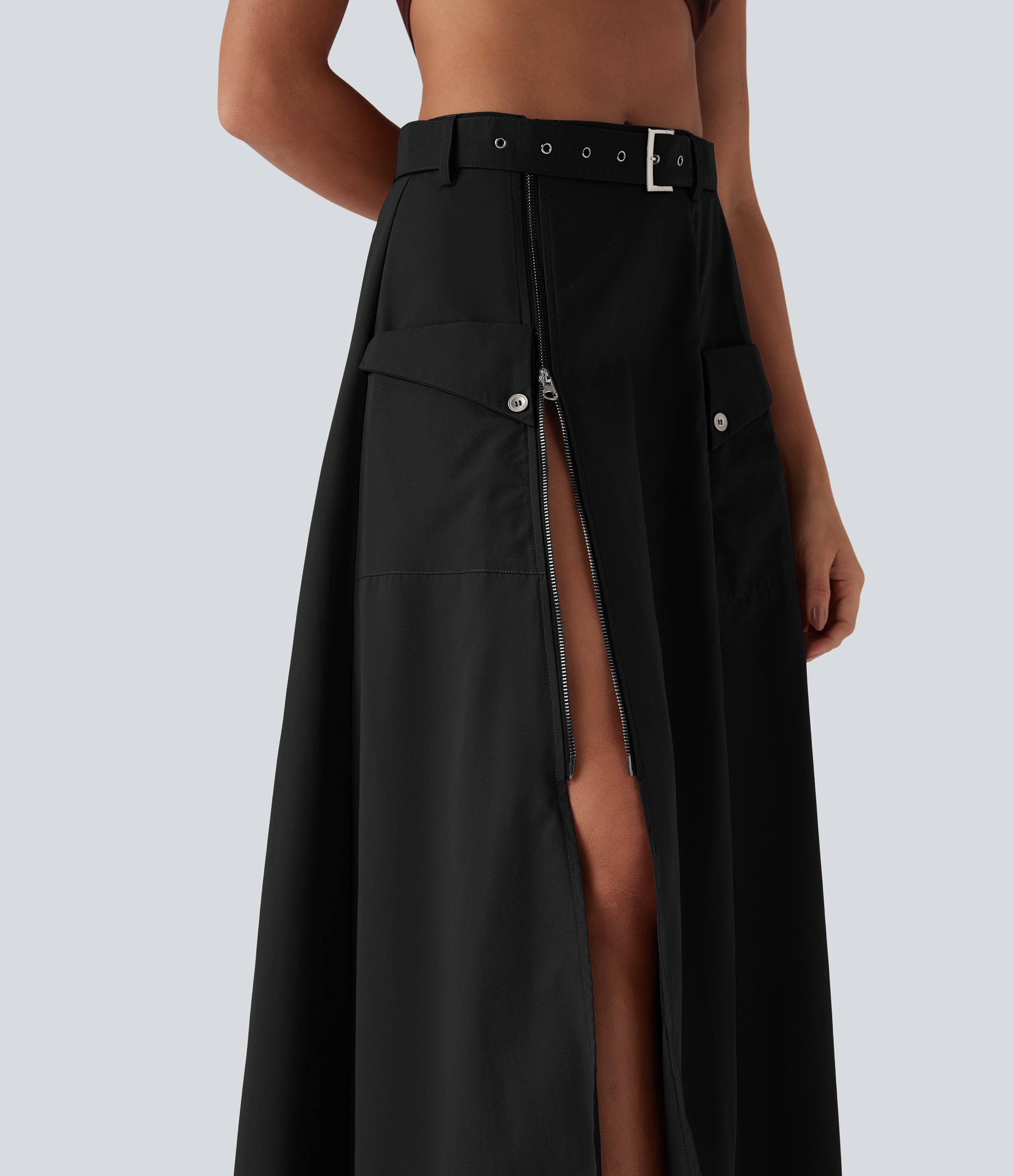 Mid Rise Belted Zipper Maxi Casual Skirt with Pockets