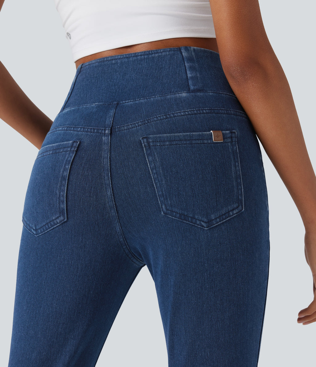 FlexTM Crossover High Waisted Denim Casual Capri Leggings with Pockets