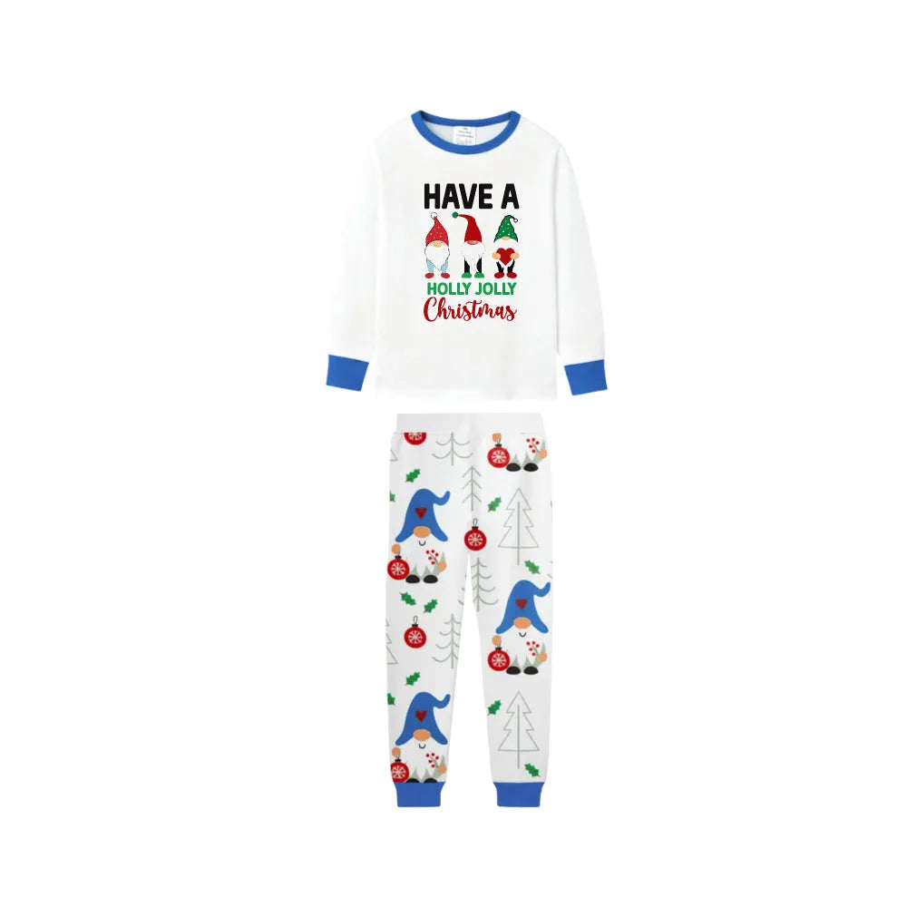 Holiday Christmas Family Blue Pajamas Set with Whimsical Gnome Pattern Print