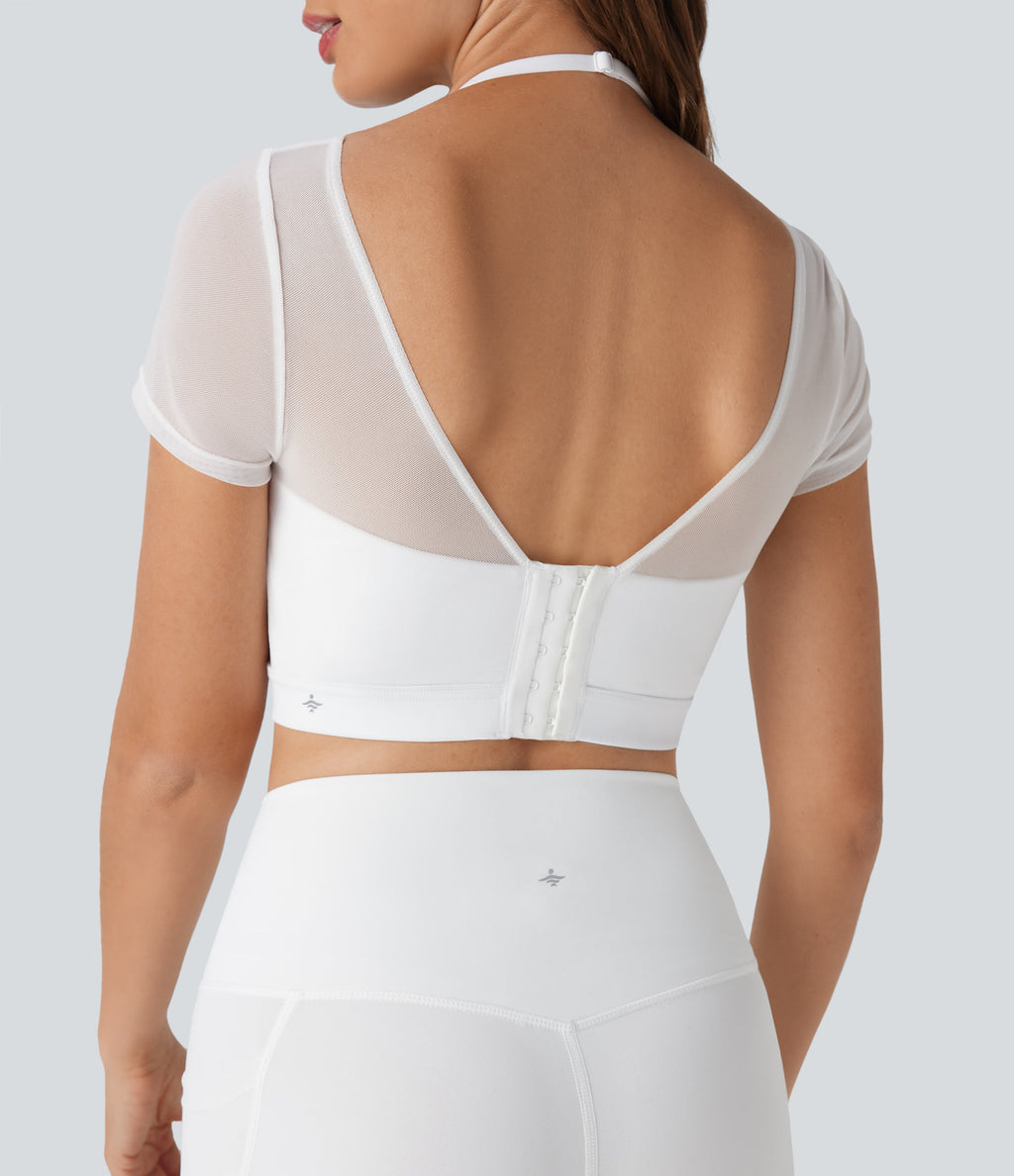 Halter Short Sleeve Contrast Mesh 2-in-1 Cropped Yoga Sports Top