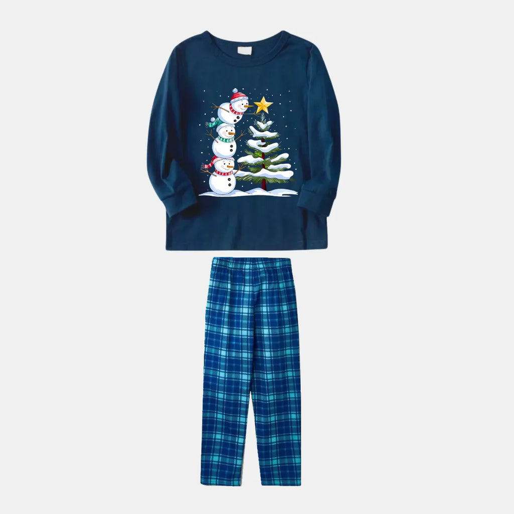 Navy & Sky Blue Plaid Christmas Pajamas Set with Snowman & Christmas Tree Print