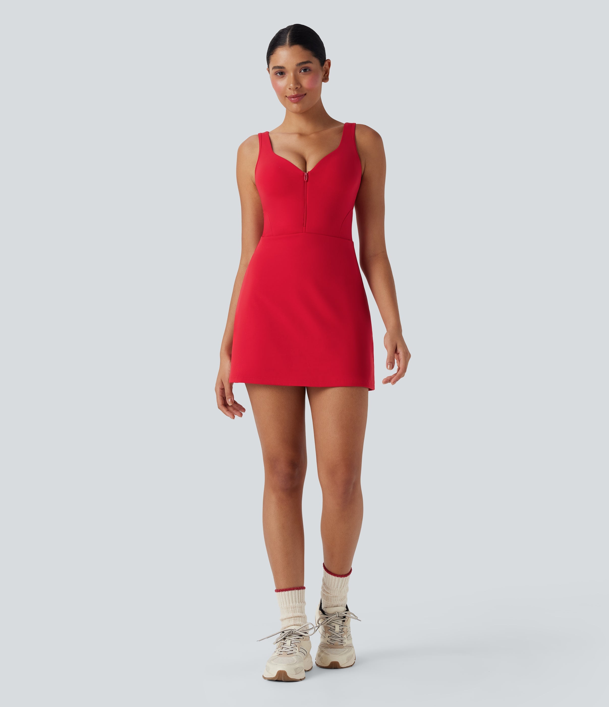 SoftlyZeroTM Plush Push-Up Molded Cups Zipper 2-in-1 Yoga Active Dress with Pockets-Easy Peezy