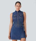 FlexTM Stand Collar Zipper Cool Touch Washed Denim Tennis Tank Top