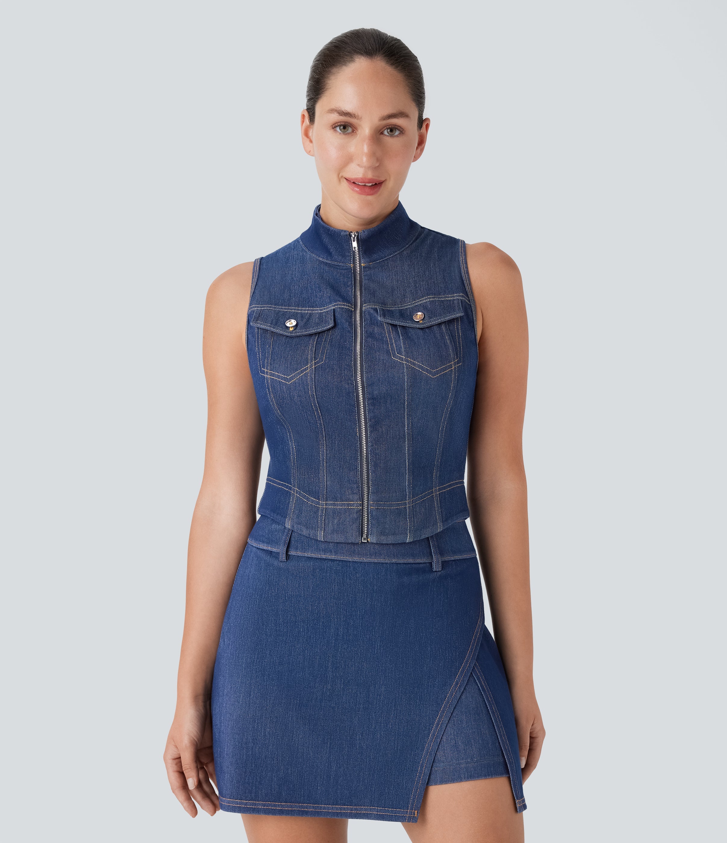 FlexTM Stand Collar Zipper Cool Touch Washed Denim Tennis Tank Top