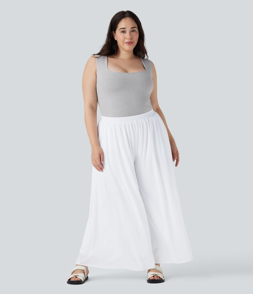 Plus Size High Waisted Mesh Overlay Wide Leg Casual Pants with Pockets