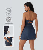 FlexTM Halter Bodycon 2-Piece Cool Touch Washed Denim Mini Tennis Active Dress with Pockets