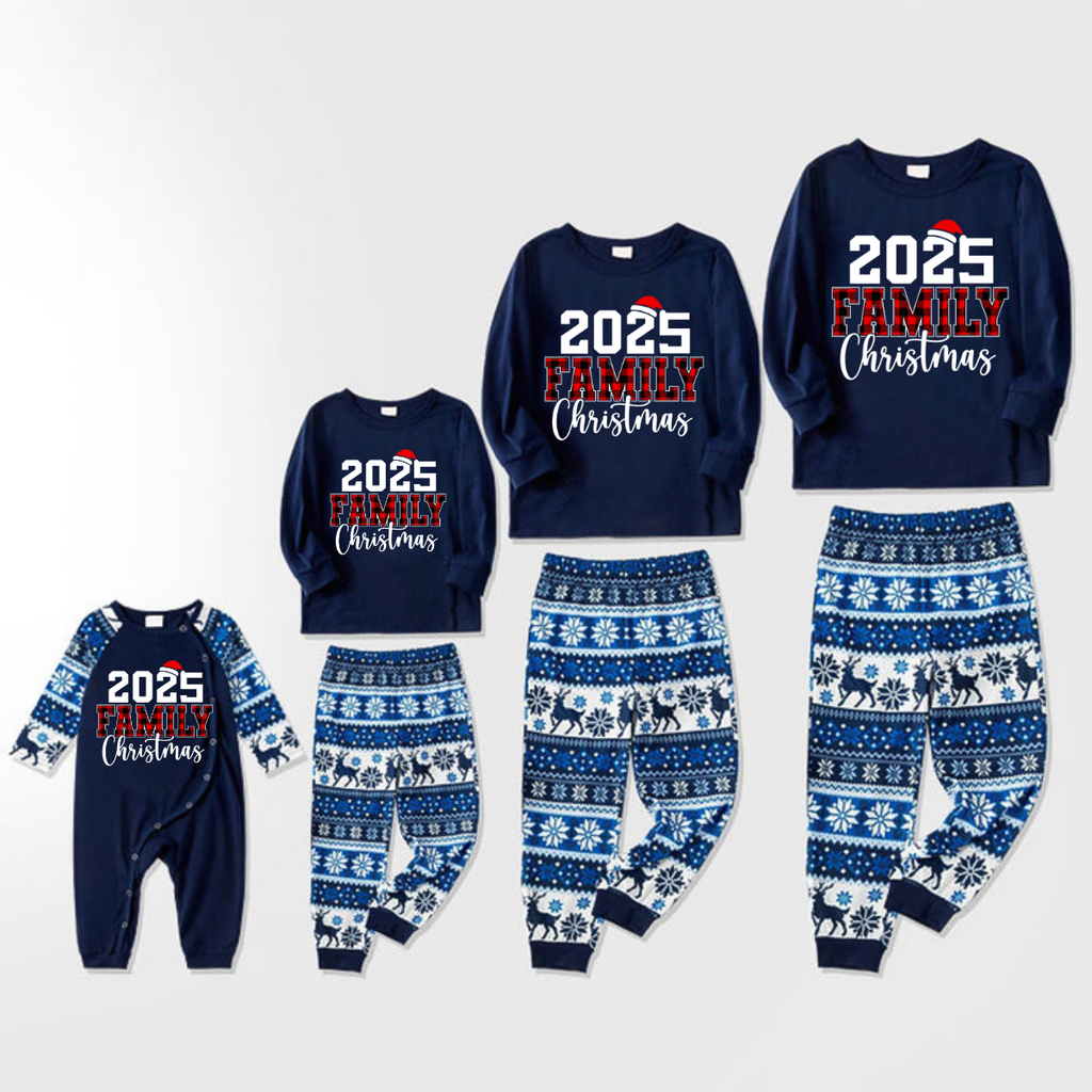 2025 Family Christmas Text Print Blue Family Christmas Matching Pajamas
