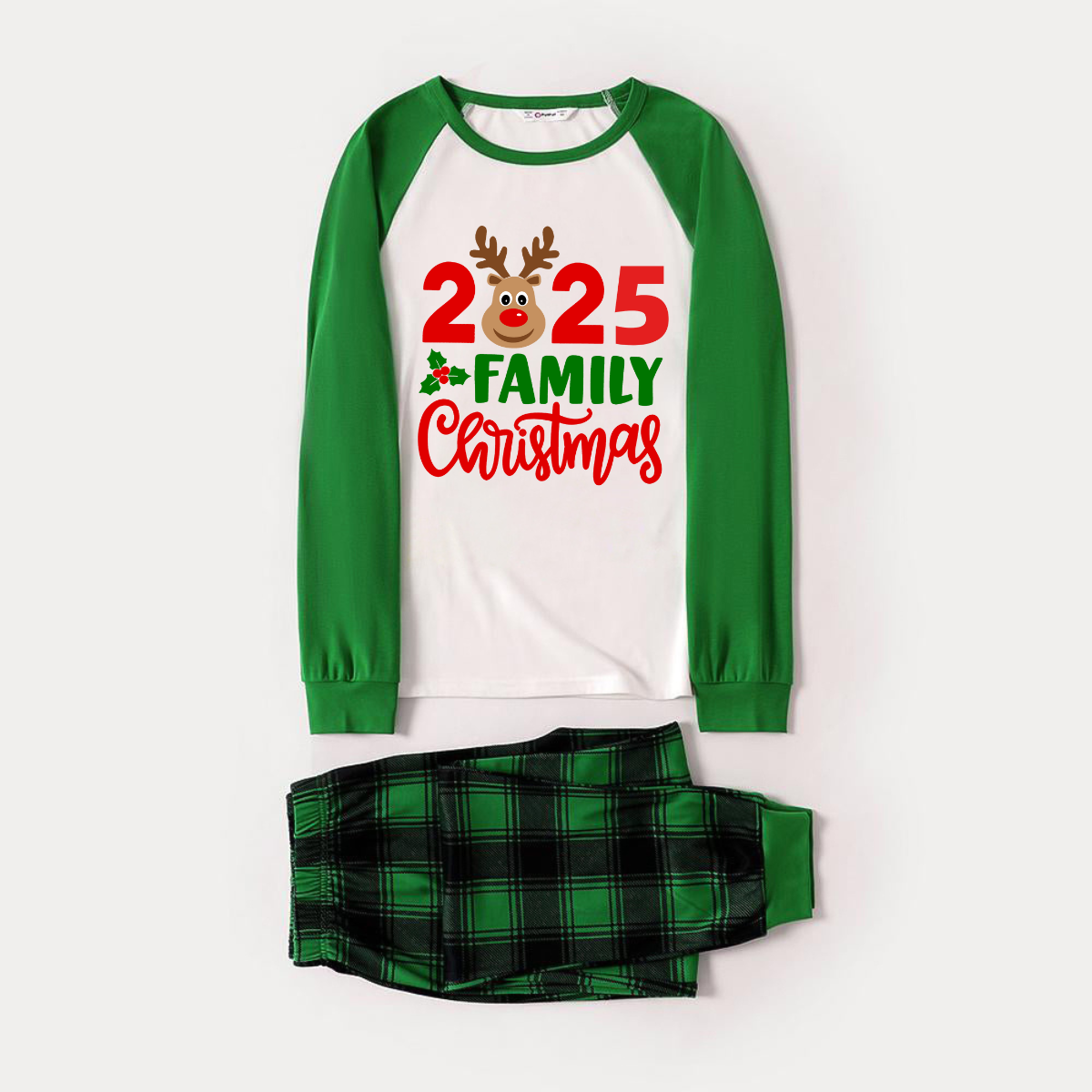 "2025 Family Christmas" Moose Letter Prints Green Rotator Cuff Top With Green & Black Plaid Family Matching Pajamas