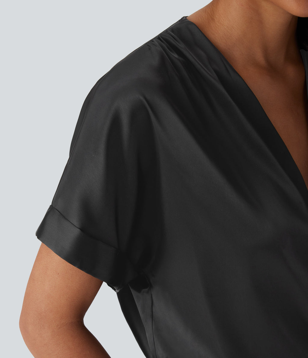 Crossover V-Neck Batwing-Sleeve Snap Satin Work Bodysuit