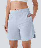 Mid Rise Side Pockets Curved Hem Yoga Bermuda Shorts