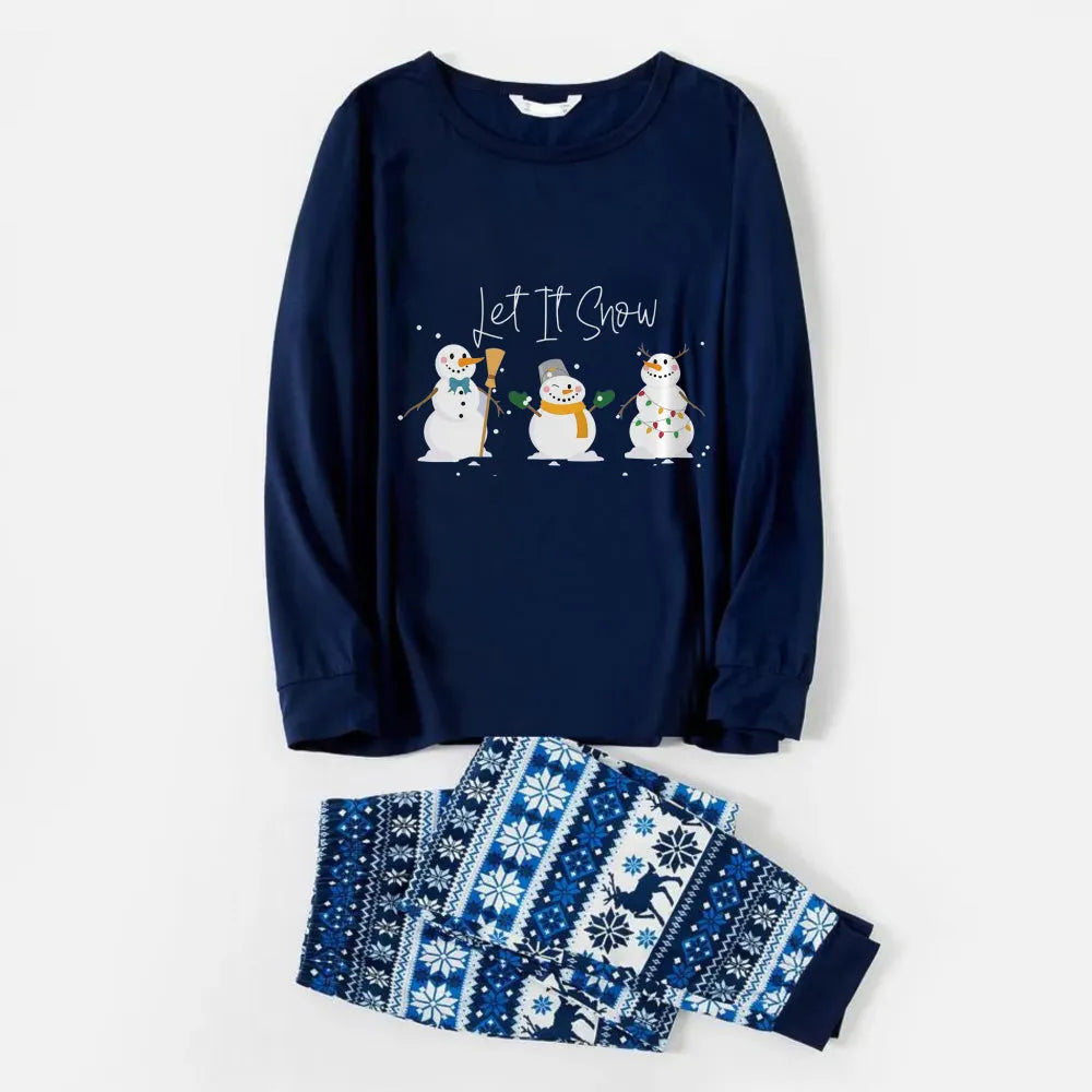 Joyful Blue Christmas Pajamas Set  With Snowman and Cheer Text Prints