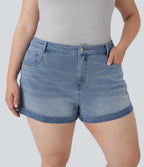 FlexTM Mid Rise Zipper Pockets Denim Casual Plus Size Shorts 3''