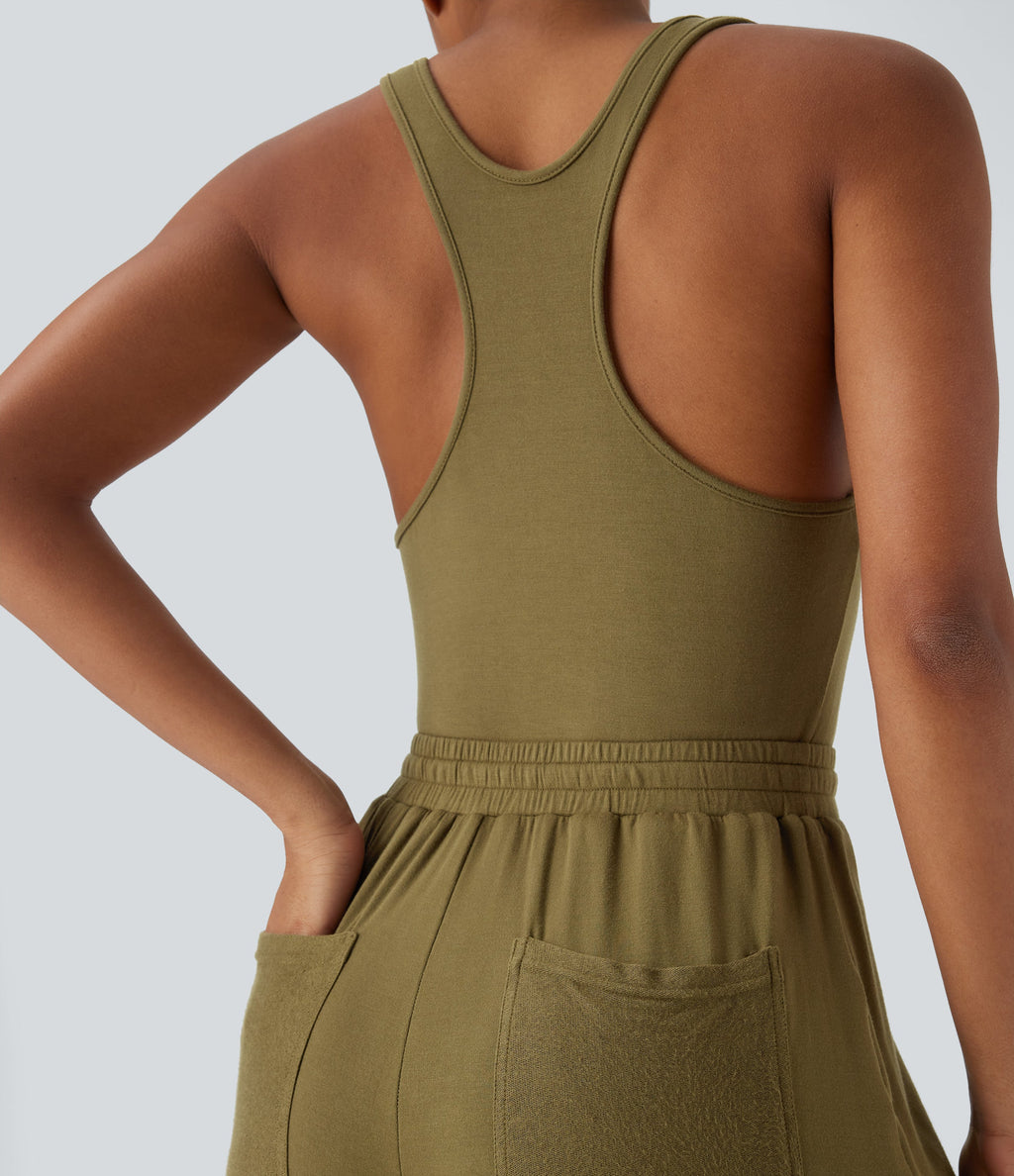 U Neck Racerback Drawstring Casual Jumpsuit with Pockets