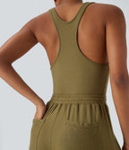 U Neck Racerback Drawstring Casual Jumpsuit with Pockets