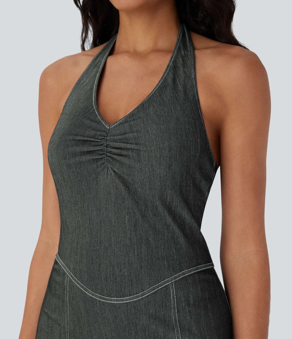 FlexTM Halter Bodycon 2-Piece Cool Touch Washed Denim Mini Tennis Active Dress with Pockets