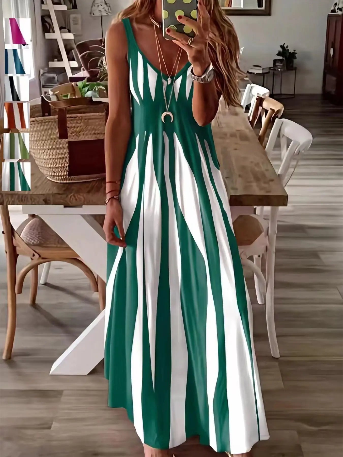Summer New Arrival Women's Casual Sleeveless Striped V-Neck Long Dress, Sweet Style Loose-Fitting Daily Wear, Perfect for Outdoor Activities