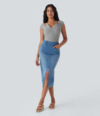 High Stretch Ribbed Knit Lace Halter Cap Sleeve Top