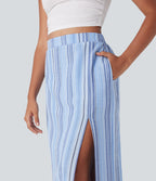 High Waisted Stripe Maxi Linen-Feel Skirt with Pockets
