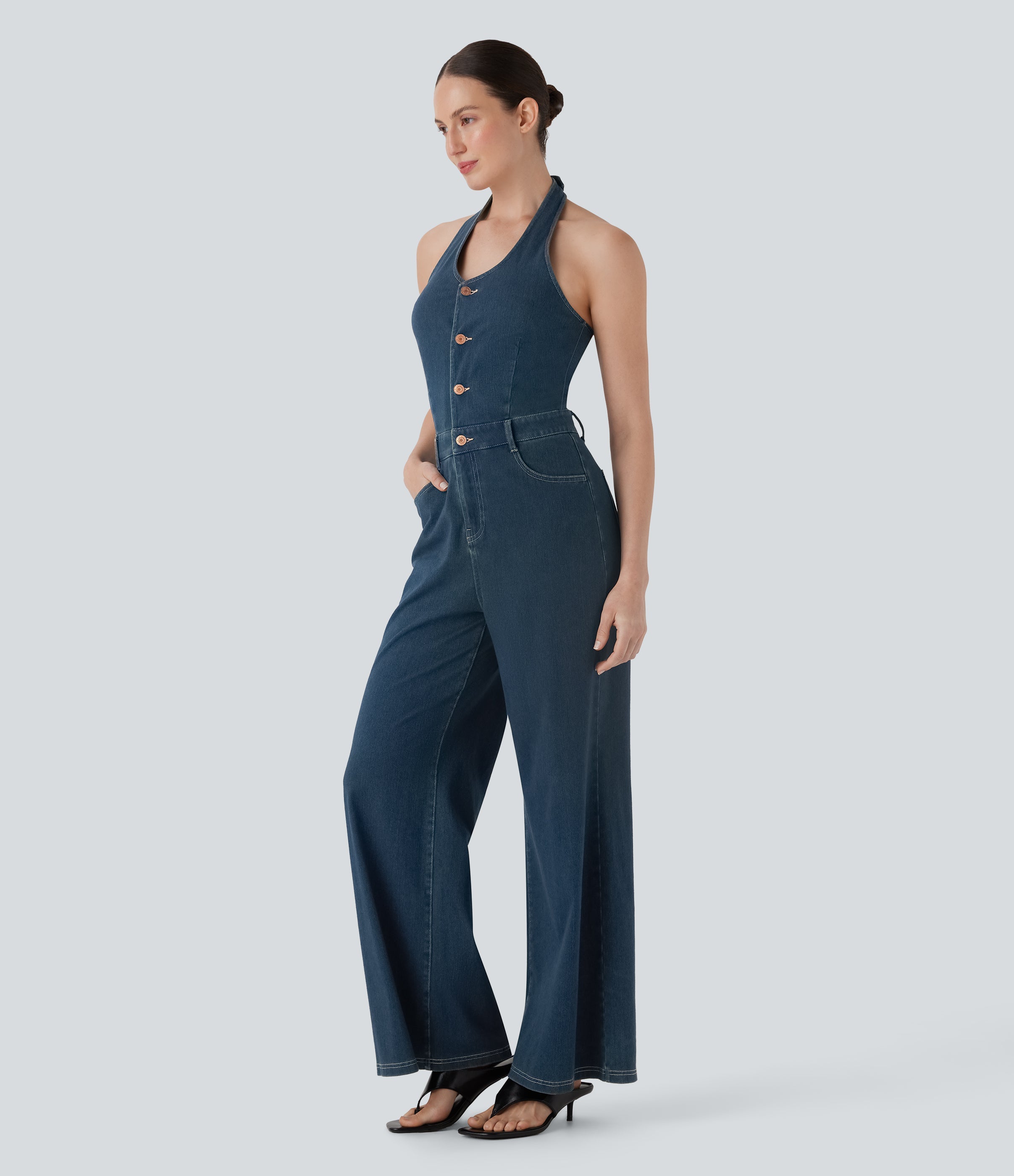 FlexTM Halter Wide Leg Denim Casual Jumpsuit with Pockets
