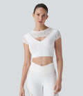 SoftlyZeroTM Contrast Lace Short Sleeve Cropped Yoga Sports Top-UPF50+