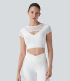 SoftlyZeroTM Contrast Lace Short Sleeve Cropped Yoga Sports Top-UPF50+