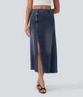 FlexTM Asymmetric Mid Rise Denim Maxi Casual Skirt with Pockets