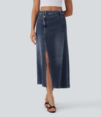 FlexTM Asymmetric Mid Rise Denim Maxi Casual Skirt with Pockets
