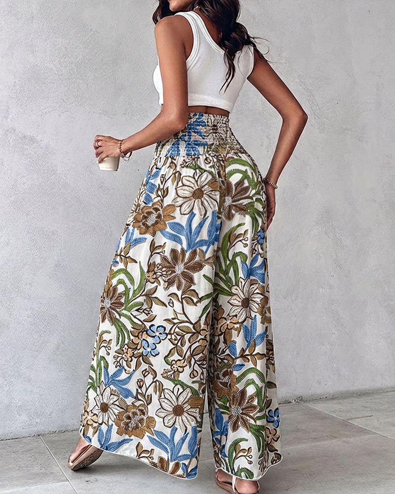 Vintage Floral Print High Waist Shirred Elastic Waist Wide Leg Pants