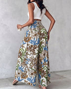 Vintage Floral Print High Waist Shirred Elastic Waist Wide Leg Pants