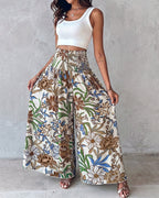 Vintage Floral Print High Waist Shirred Elastic Waist Wide Leg Pants