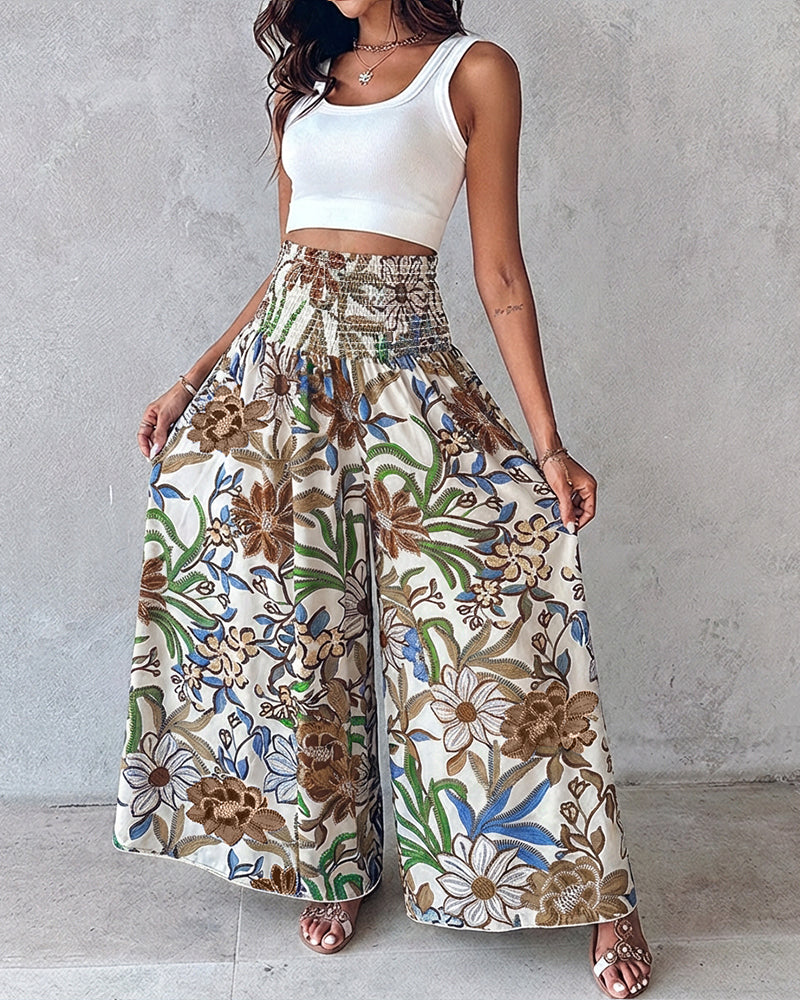 Vintage Floral Print High Waist Shirred Elastic Waist Wide Leg Pants
