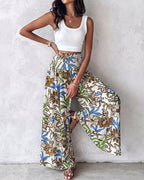 Vintage Floral Print High Waist Shirred Elastic Waist Wide Leg Pants