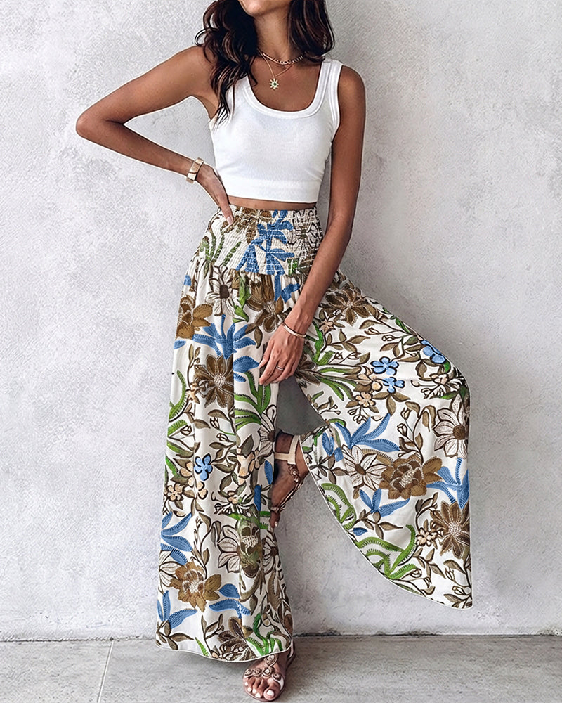 Vintage Floral Print High Waist Shirred Elastic Waist Wide Leg Pants