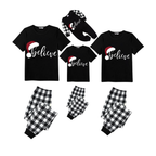 Believe Family Christmas Pajamas Set - Black Top Black and White Plaid Pants White Text Graphic