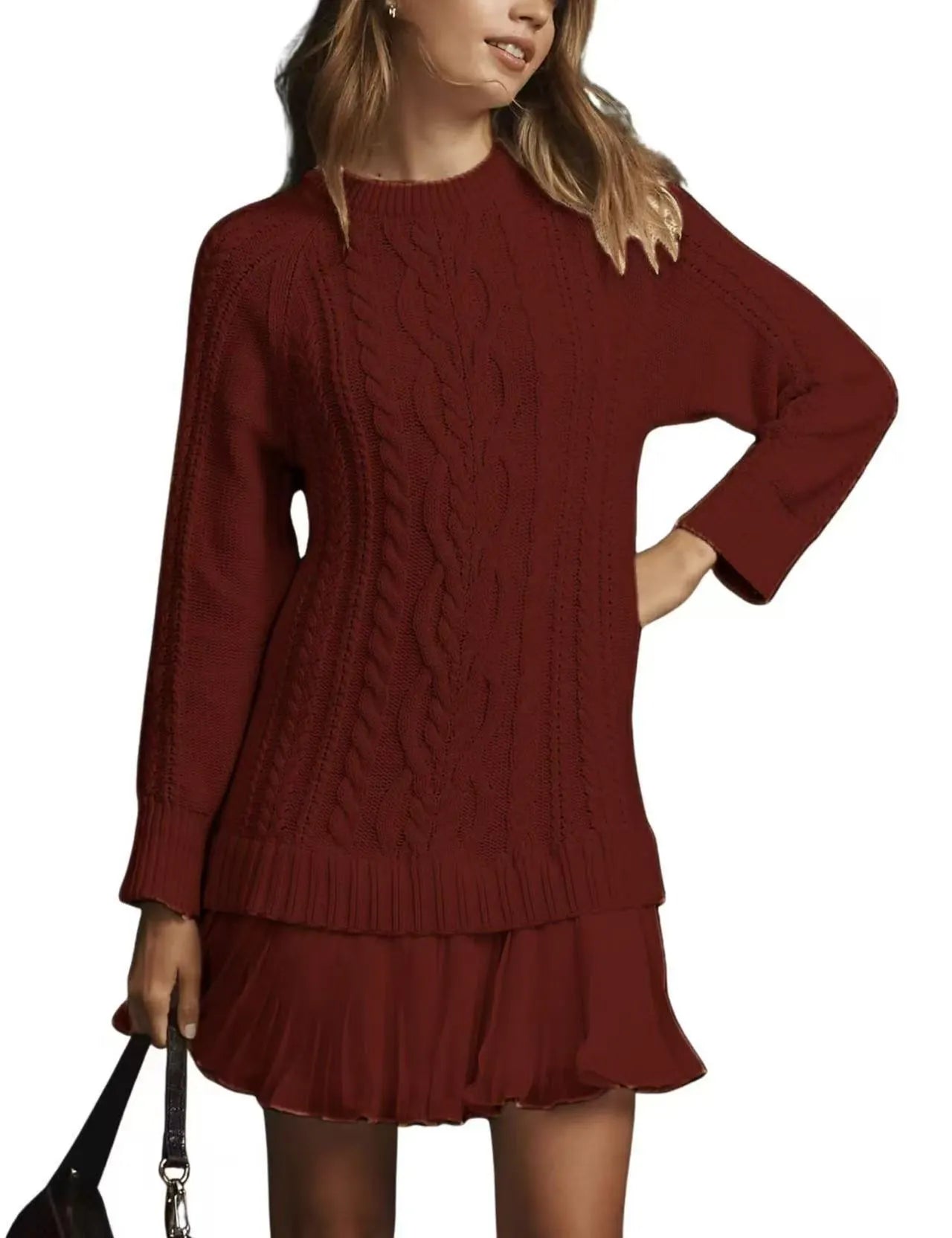 Women Cable Knit Sweater Dress Crewneck Long Sleeve Pleated Mini Dress Twofer Style Patchwork Dress