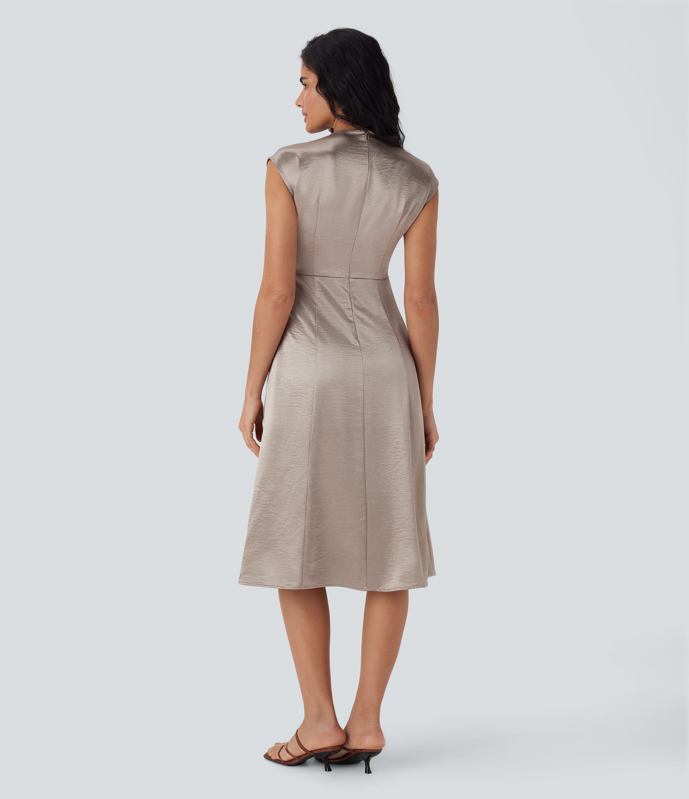 Round Neck Ruched Midi Satin Work Dress with Pockets